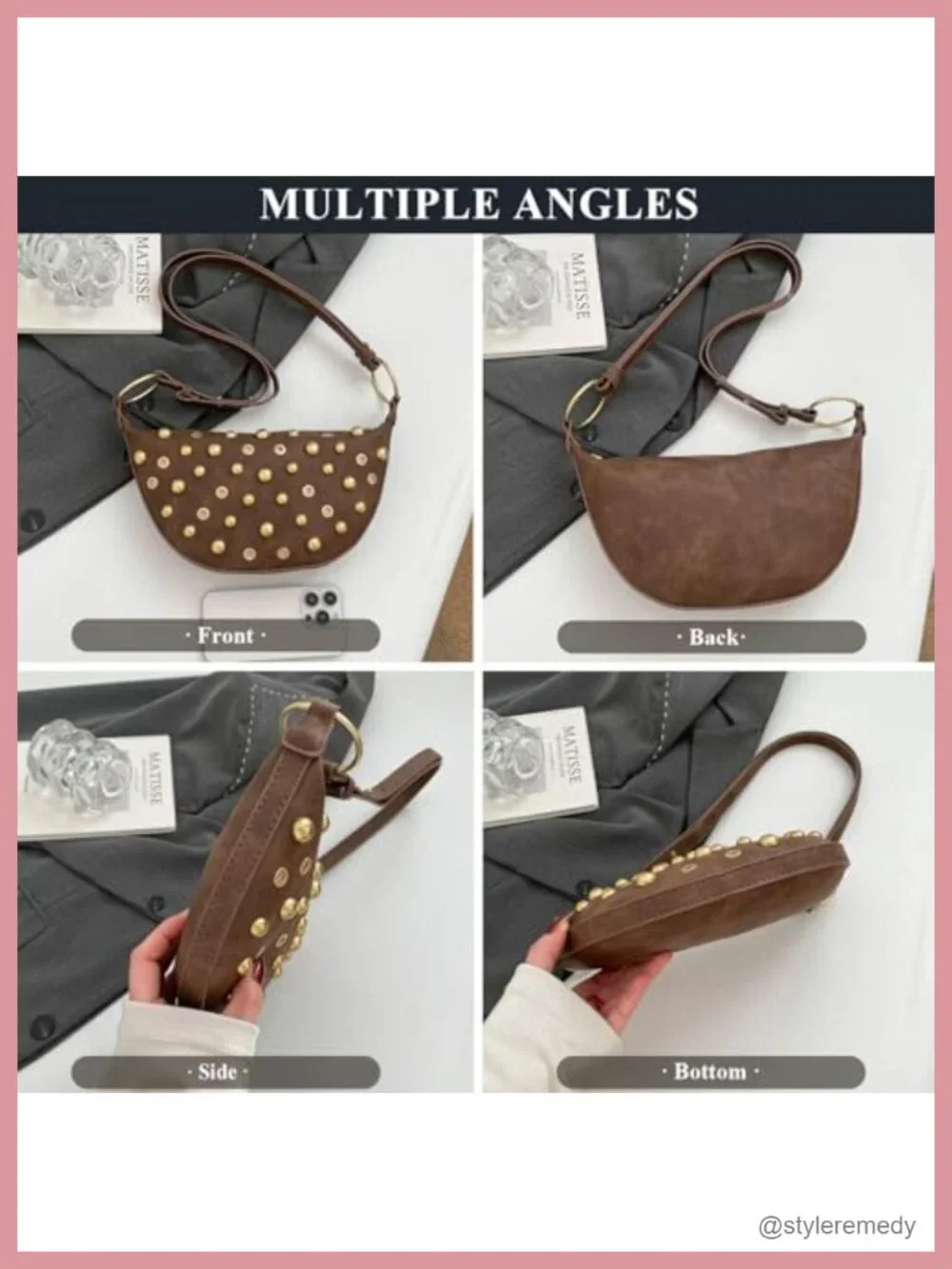 Studded Faux Leather Hobo Crescent Crossbody Bag Y2K Shoulder Purse